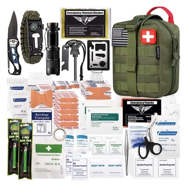The EVERLIT IFAK first aid kit and its contents laid out
